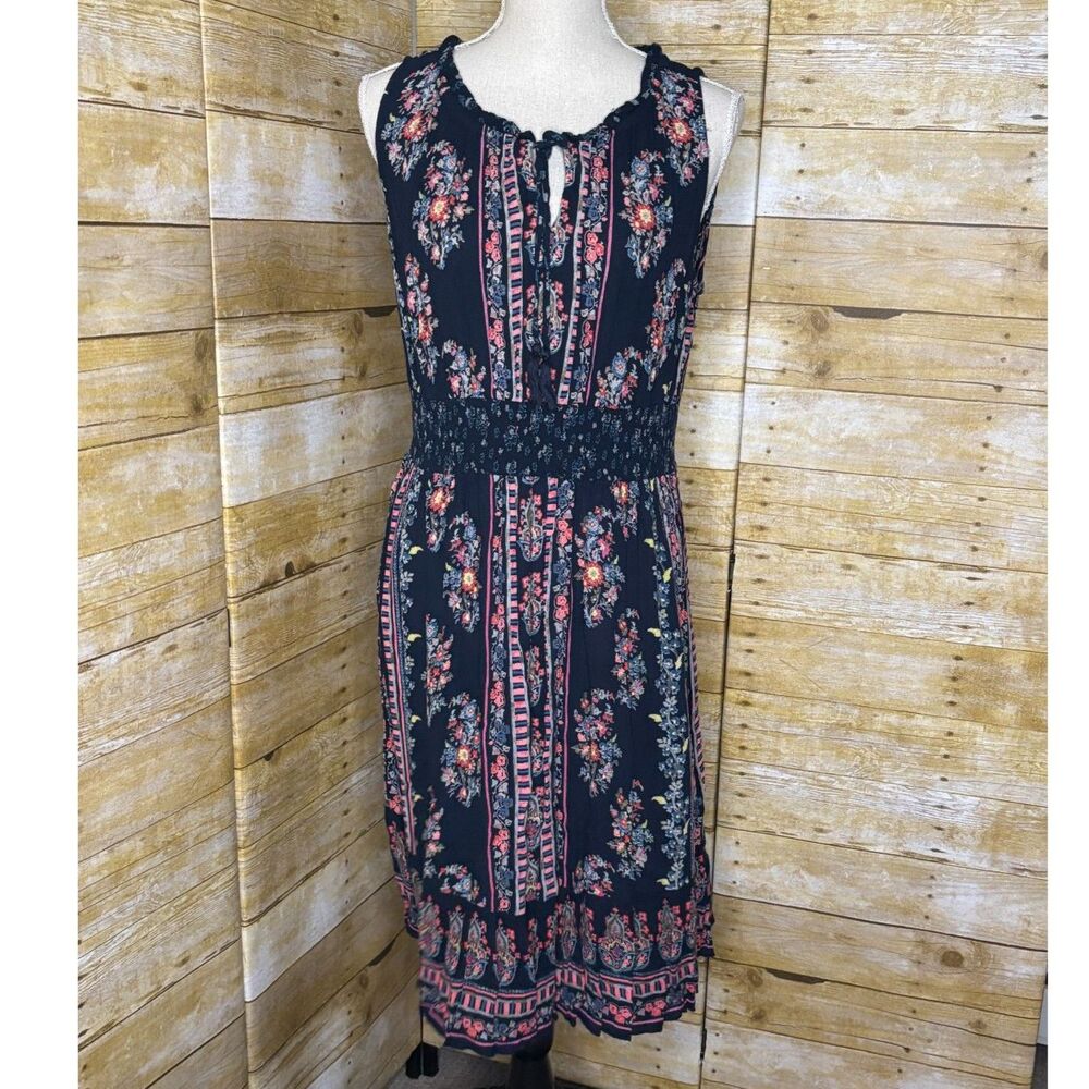 BILA BOUTIQUE CASUAL FLORAL COLORFUL MIDI SMOCKED FLOWY BOHO DRESS SIZE LARGE - Picture 2 of 4